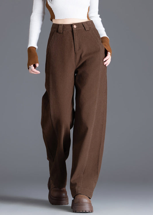 Kaffeefarbene Jeans mit Taschen, einfarbig, hoher Bund, Frühling