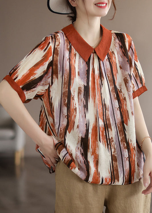 Kaffee Print Patchwork Baumwolle T Shirt Top Peter Pan Kragen Sommer