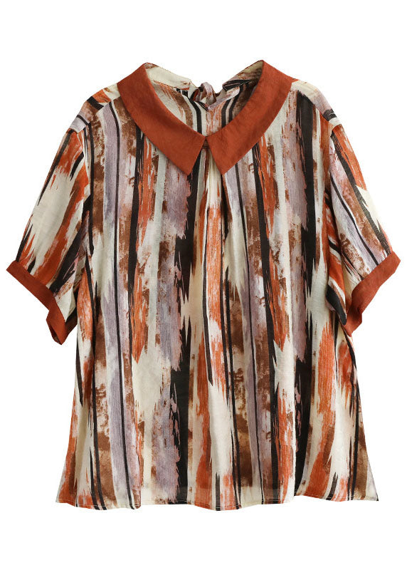 Kaffee Print Patchwork Baumwolle T Shirt Top Peter Pan Kragen Sommer