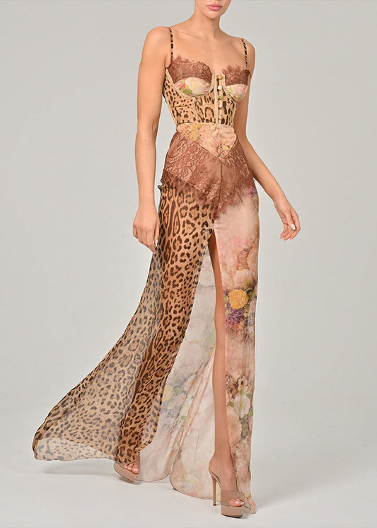 Coffee Side Open Lace Patchwork Chiffon Sleeveless Spaghetti Strap Dress