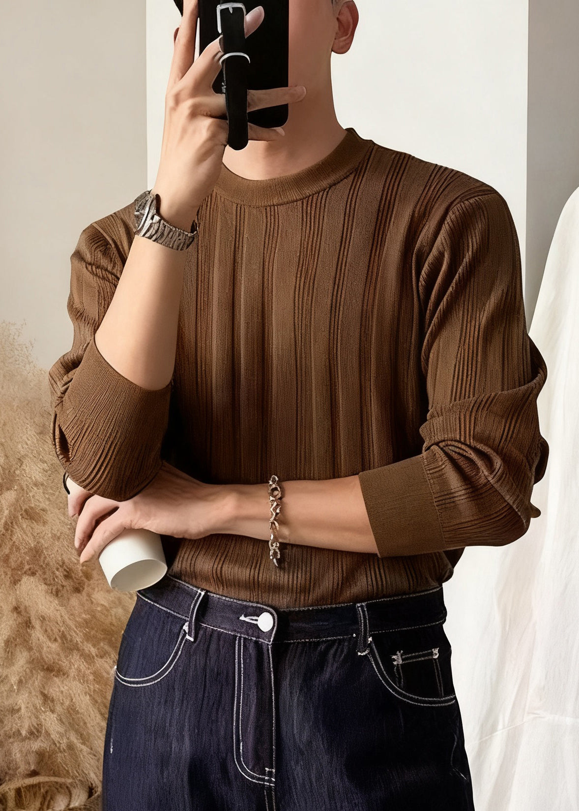 Coffee Striped Cozy Knit Winter Sweater Men O Neck