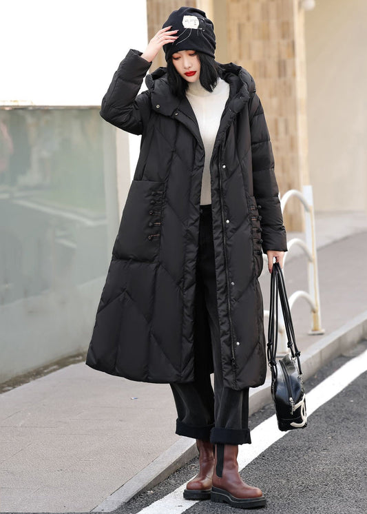 Abrigo largo con capucha y bolsillos con cremallera de plumón de pato color café