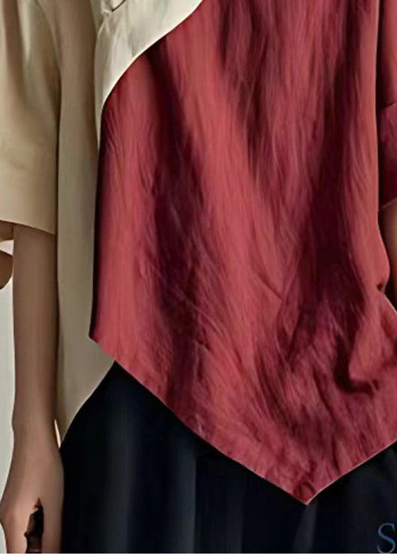 Colorblock Patchwork Leinenhemd V-Ausschnitt Asymmetrisch Sommer