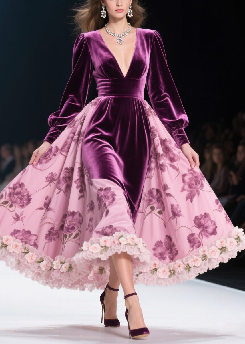 Colorblock Print Lace Floral Silk Velvet Long Dresses Spring