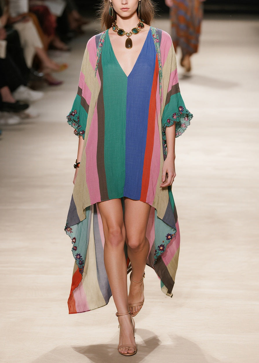 Colorblock Striped Cotton Maxi Dresses Low High Design Summer