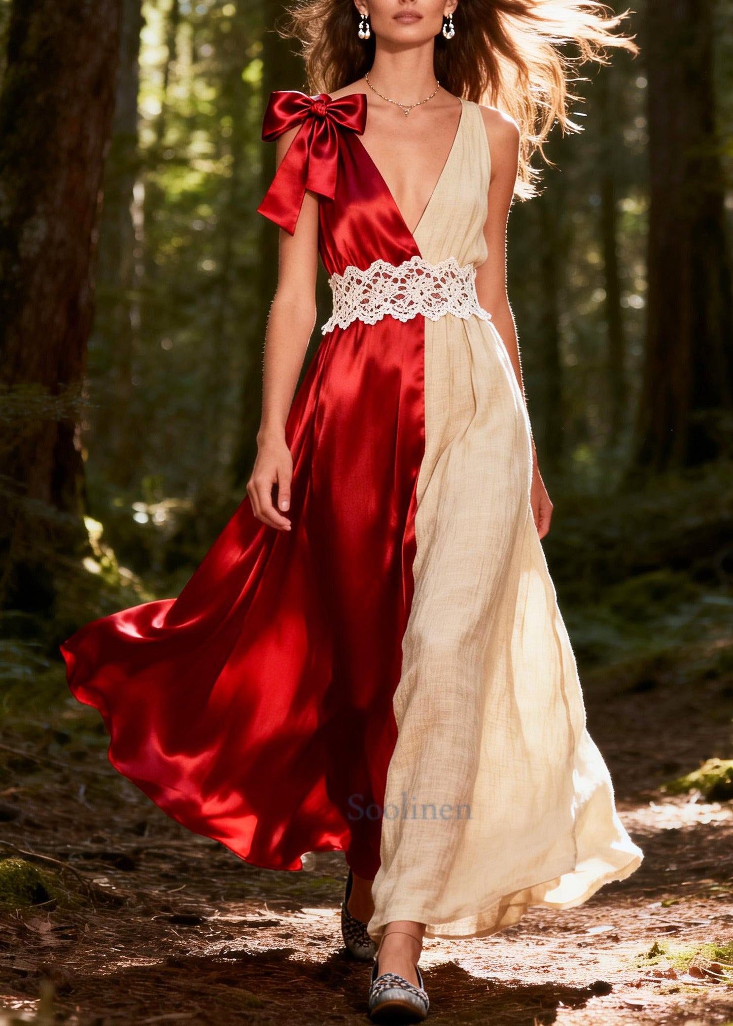 ColorblockC Patchwork Linen Silk Long Dress Asymmetrical Design Summer