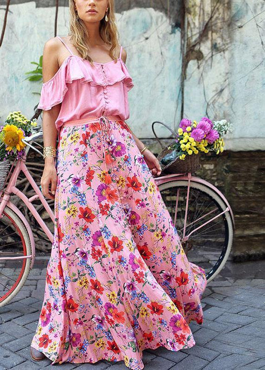 Colorful Floral Print Big Swing Elastic Waist Holiday Casual Long Skirt For Women - SooLinen