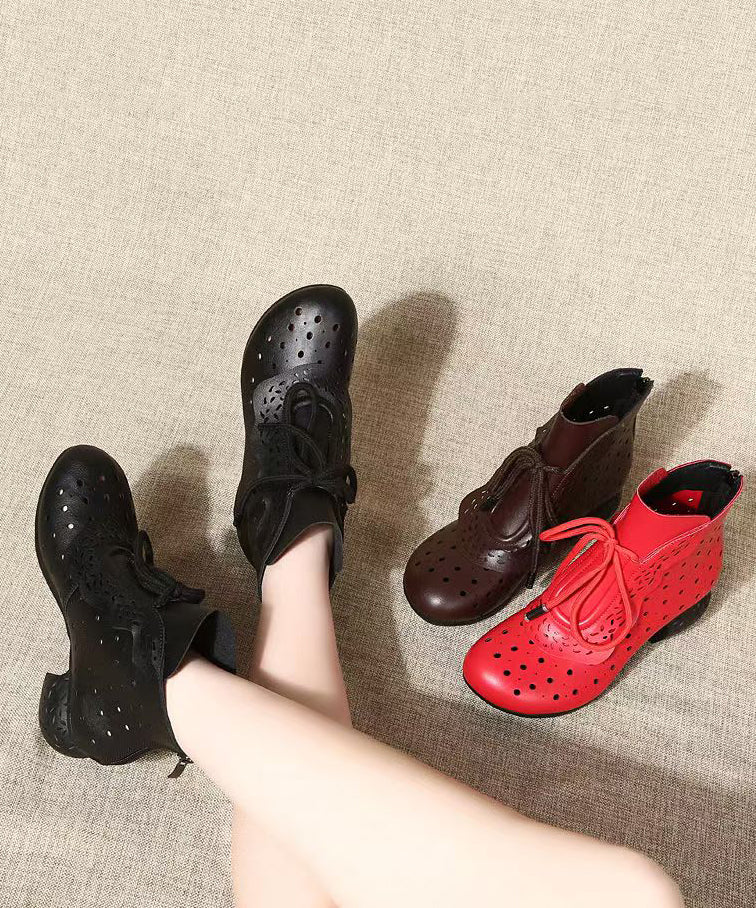 Botas gruesas y cómodas de piel de vaca roja con cordones y aberturas