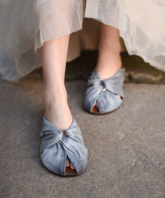 Comfortable Splicing Hollow Out Grey Cowhide Leather Slide Sandals