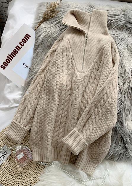 Comfy light green knitted blouse trendy plus size high neck zippered knit tops - SooLinen