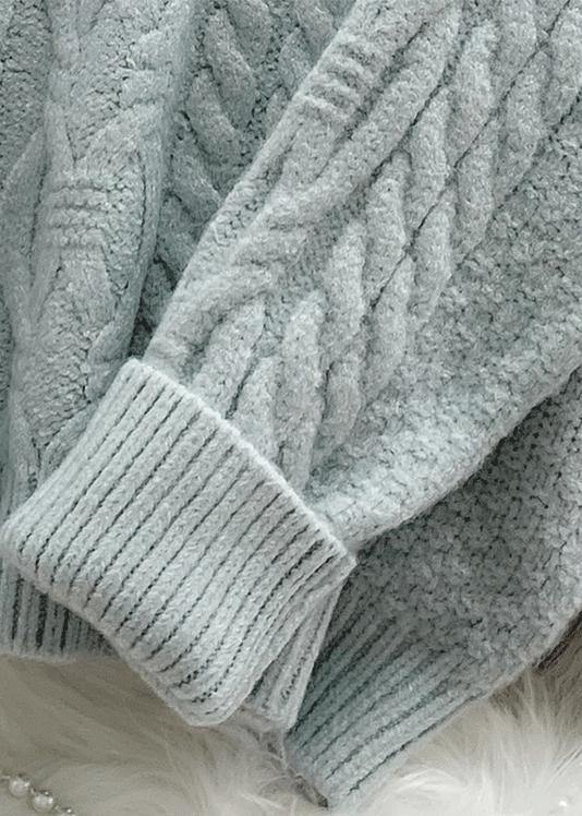 Comfy light green knitted blouse trendy plus size high neck zippered knit tops - SooLinen