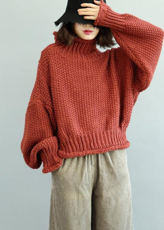 Comfy red knit tops fall fashion high neck lantern sleeve top - SooLinen