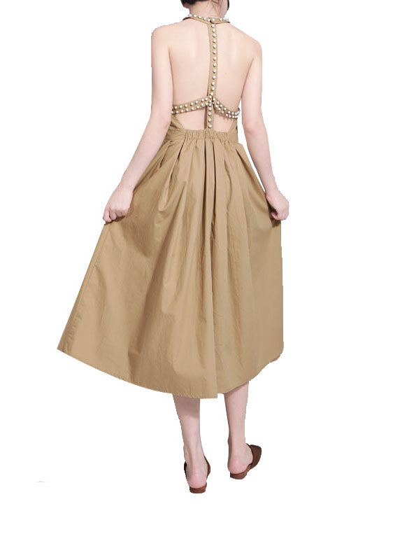 Bequeme Khaki Nagelperlen Patchwork Herbst Maxikleider Ärmellos