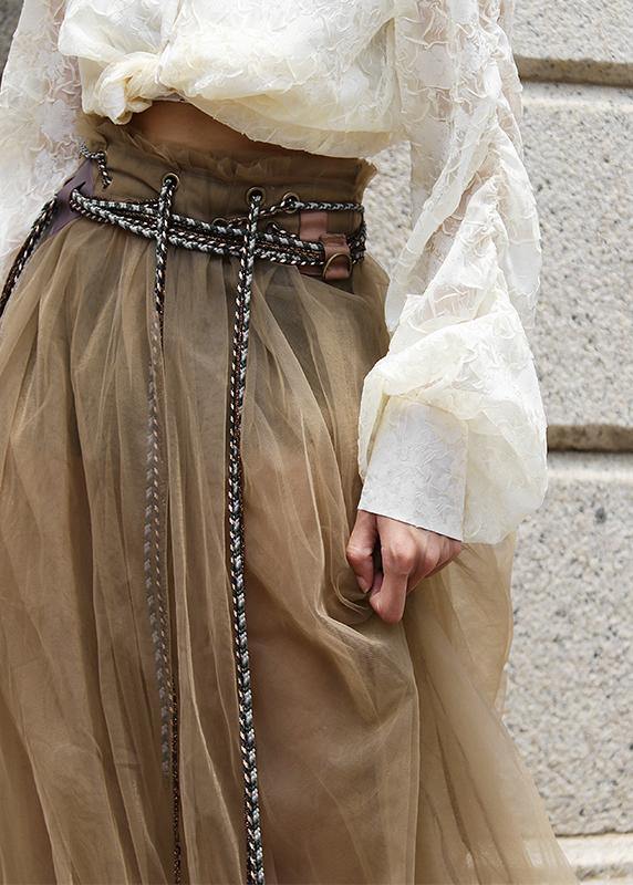 Comfy Khaki tie waist Patchwork Skirt Summer - SooLinen