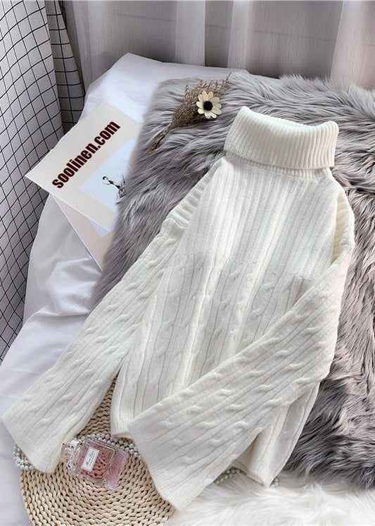 Comfy high neck Solid color knitted blouse Loose fitting thick knit blouse - SooLinen