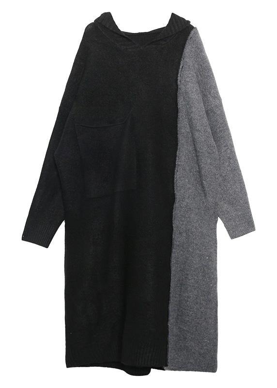 Comfy hooded patchwork Sweater outfits Largo black sweater dresses - SooLinen