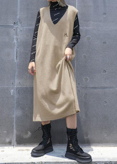 Comfy khaki Sweater knit top pattern Vintage sleeveless Big fall knit dress - SooLinen