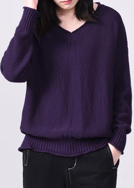 Comfy long sleeve sweater Loose fitting purple knit tops v neck - SooLinen