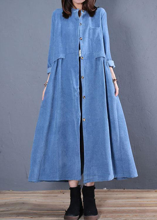 Corduroy blended light blue o neck pockets coat for woman - SooLinen