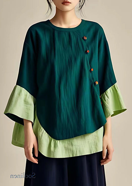 Gemütliche grüne O-Ausschnitt Knopf Patchwork Leinen Tops Herbst