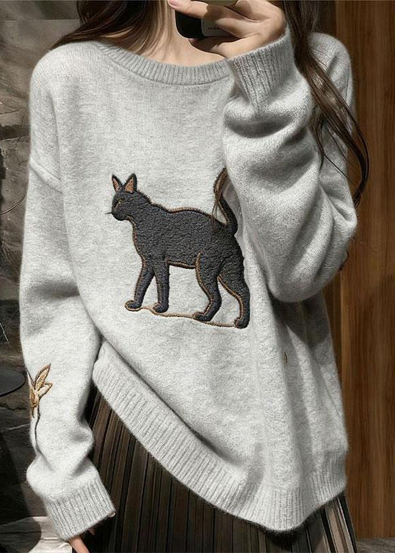 Cozy Grey Embroidered Cat Knit Pullover Winter