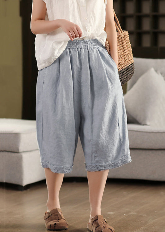 Cozy Pink Pockets Lace Elastic Waist Linen Shorts Summer