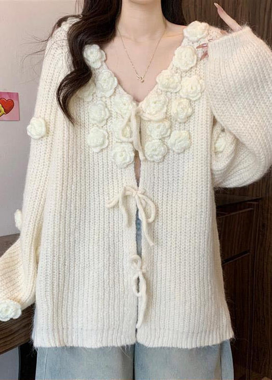 Cozy White Floral Decorated Lace Up Knit Cardigan Fall