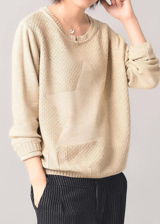 Cozy beige knit tops casual long sleeve sweater patchwork - SooLinen