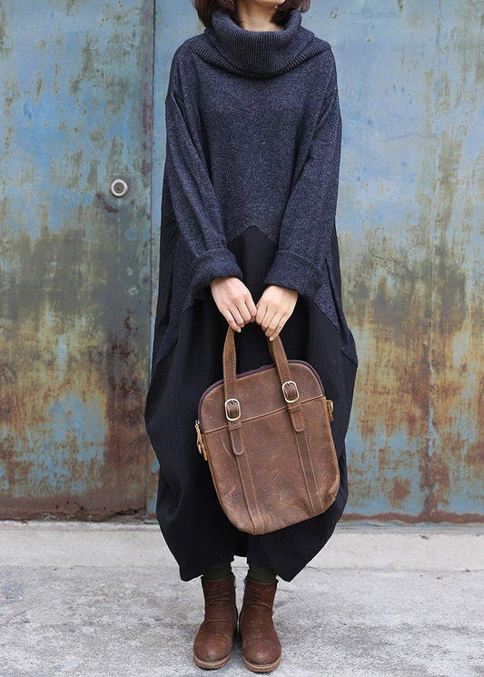 Cozy black gray Sweater dress outfit Upcycle patchwork Tejidos high neck knitwear - SooLinen