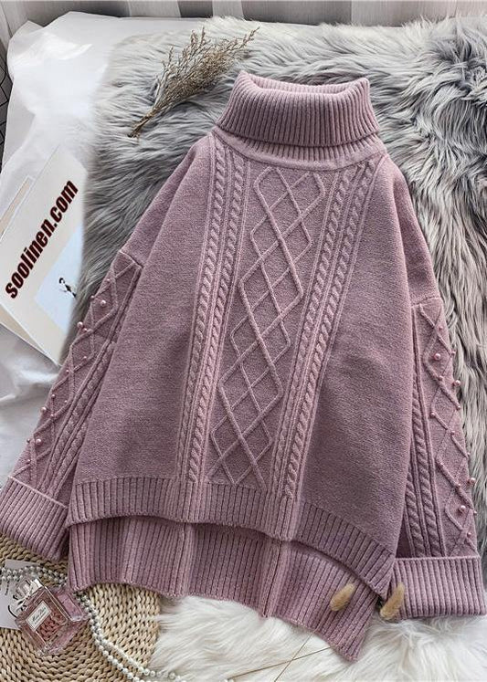 Cozy high neck beige knitwear spring fashion low high design knit tops - SooLinen