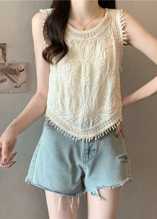 Cute Apricot O-Neck Tassel Lace Vest Sleeveless