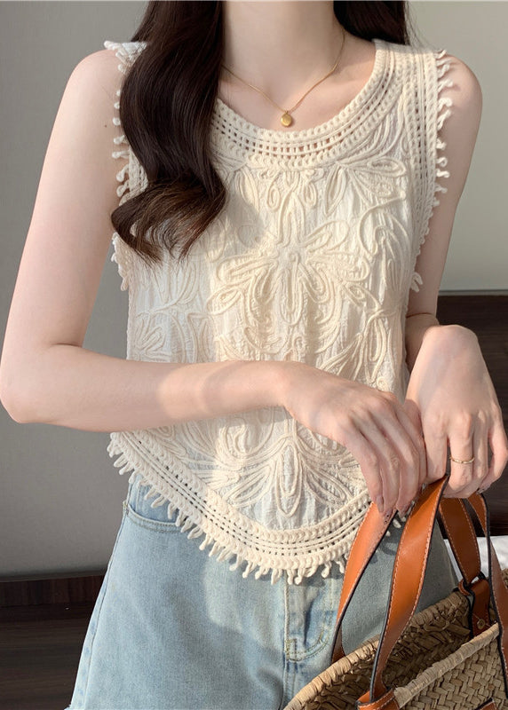 Cute Apricot O-Neck Tassel Lace Vest Sleeveless