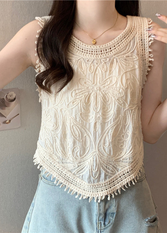 Cute Apricot O-Neck Tassel Lace Vest Sleeveless