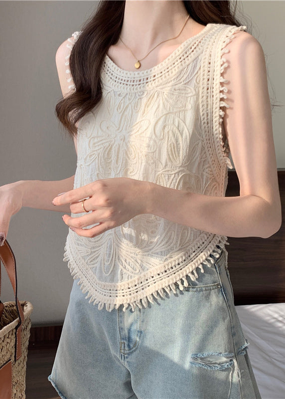 Cute Apricot O-Neck Tassel Lace Vest Sleeveless