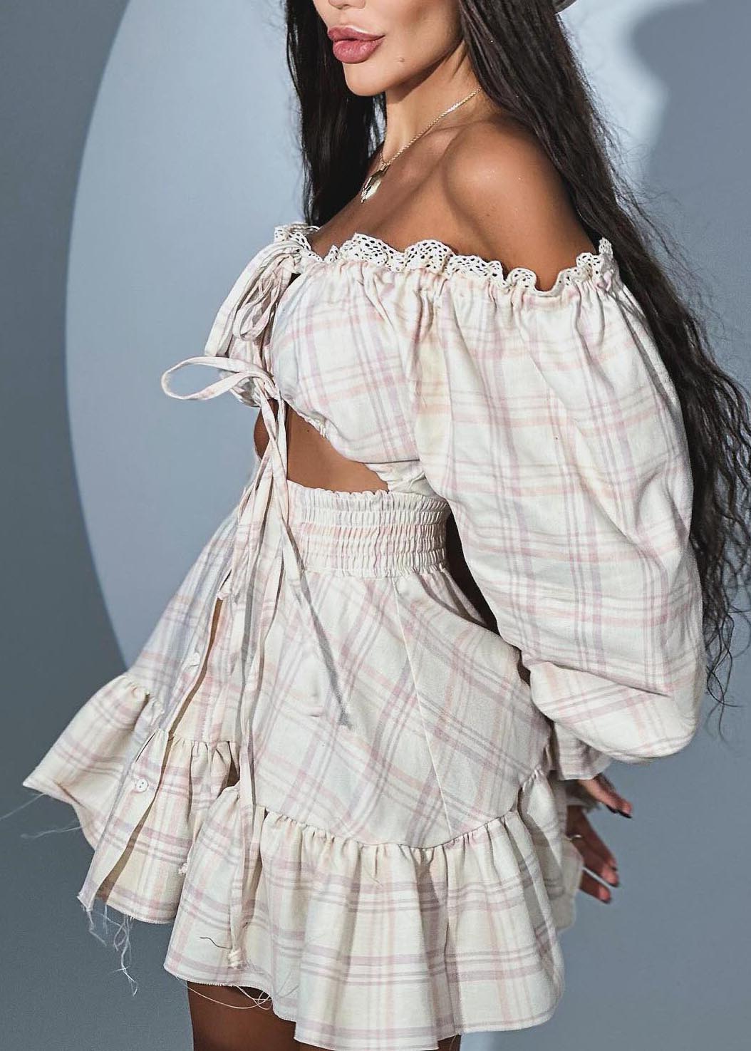 Cute Apricot Plaid Cold Shoulder Cotton Tea Dress Summer