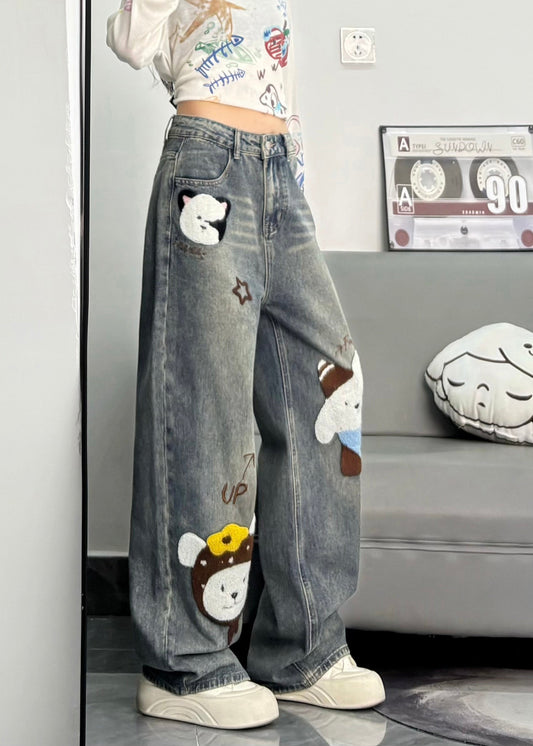 Cute Blue Embroidered Character Denim Pants Spring