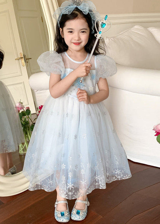 Cute Blue Embroideried Tulle Kids Girls Maxi Dresses Puff Sleeve