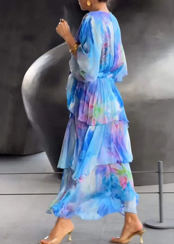 Cute Blue O-Neck Print Chiffon Long Dress Short Sleeve