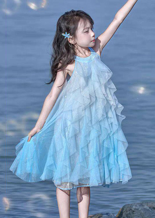 Cute Blue Sequins Tulle Kids Girls Maxi Dresses Summer