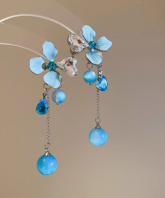 Cute Blue Srerling Silver Alloy Zircon Floral Resin Tassel Drop Earrings