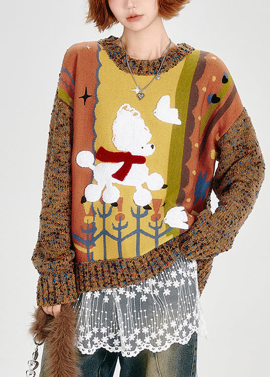 Suéter de punto grueso con patchwork de gran tamaño marrón bonito para invierno