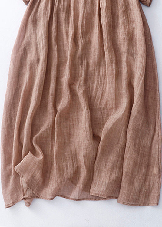 Vestido largo de lino liso con cuello redondo y manga corta, color verde