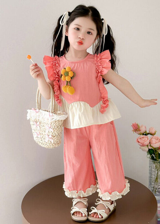 Cute Green Ruffled Patchwork Sunflower Girls Top And Wide Leg Pants Two Pieces Set Summer