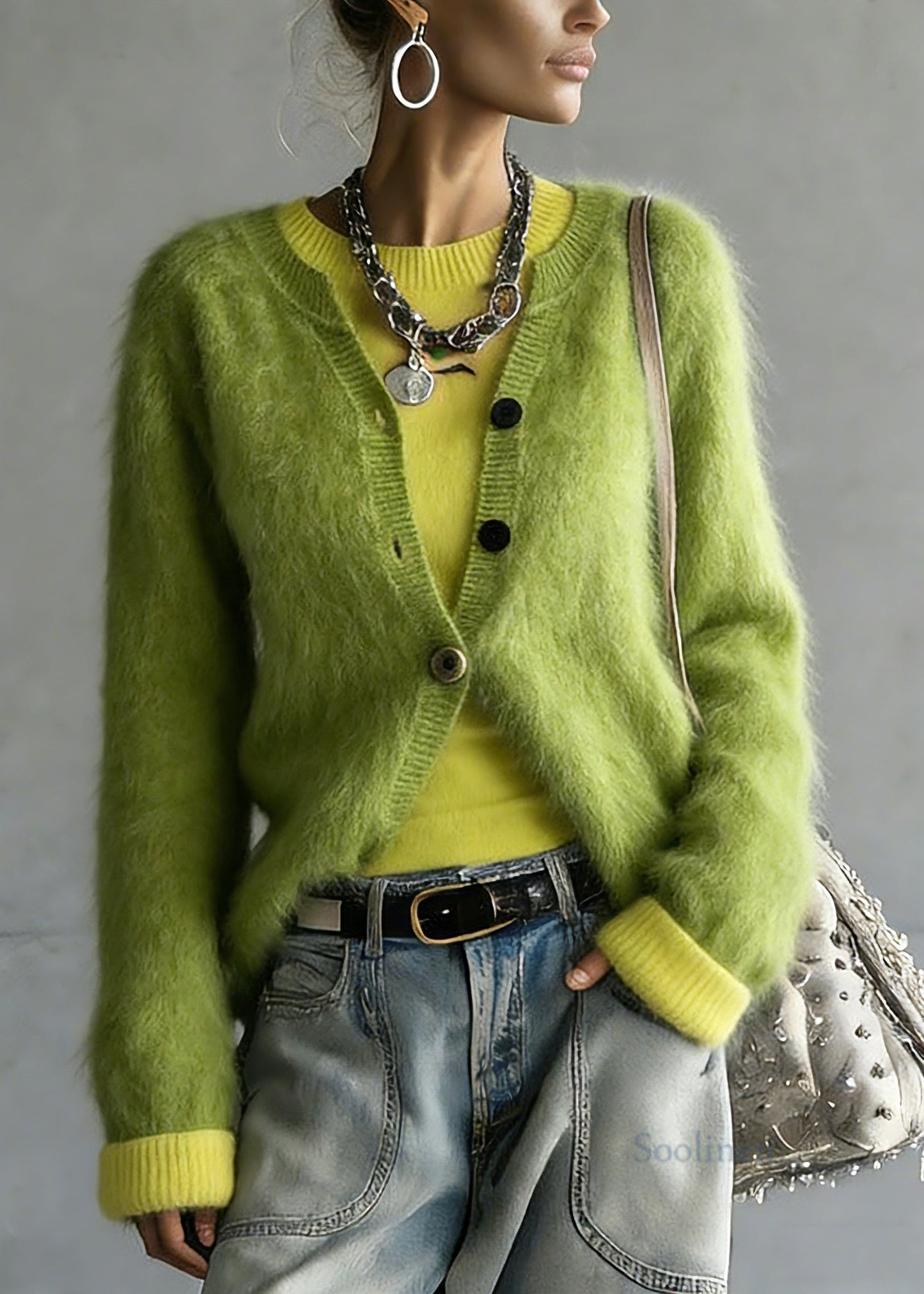 Cute Green V Neck Cotton Knit Cardigan And Top Two Pieces Set Spring