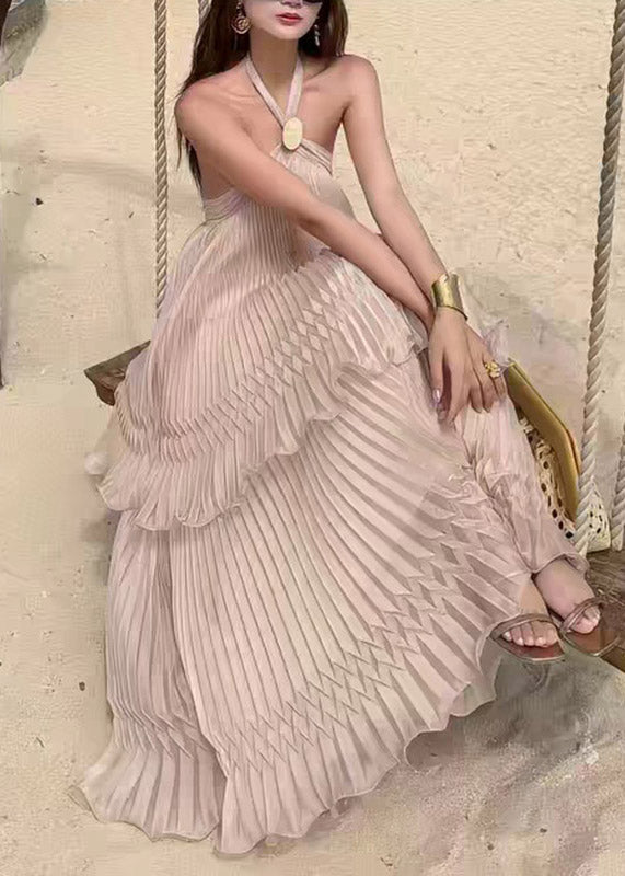 Cute Halter Patchwork Backless Fake Two-Piece Vacation Long Dresses Sleeveless