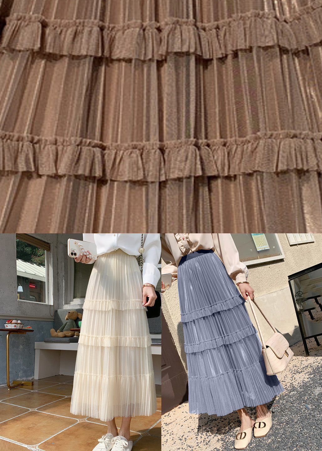 Niedlicher Khaki High Waist Wrinkled Tulle Cake Rock Frühling