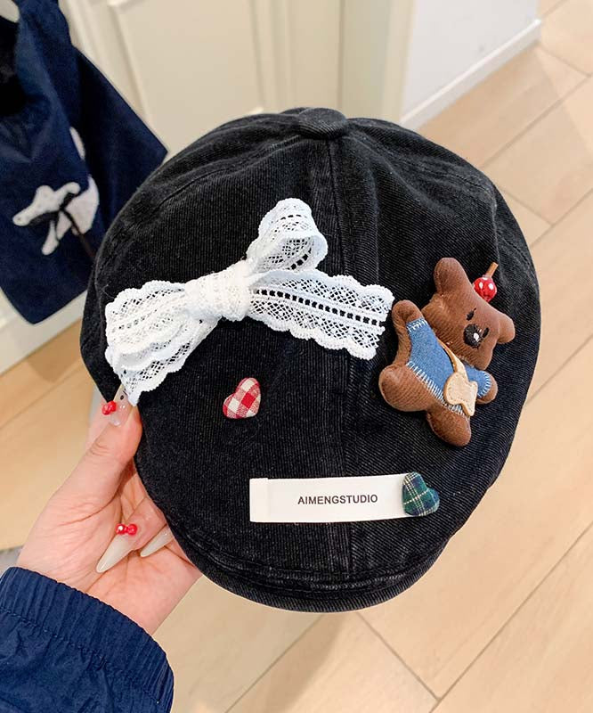 Cute Light Blue Bow Cartoon Bear Cowboy Beret Hat