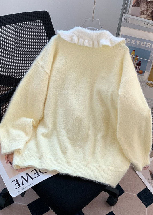 Cute Light Yellow Ruffled Warm Knit Sweater Tops Winter