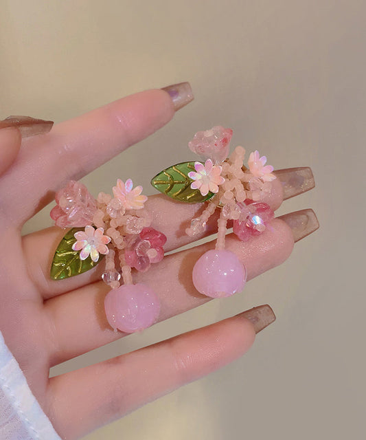 Cute Pink Alloy Colored Glaze Beading Drop Earrings