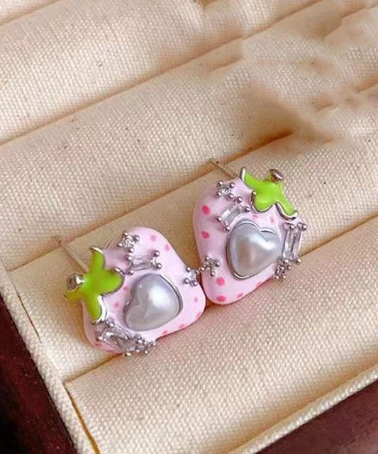 Cute Pink Copper Zircon Pearl Strawberry Love Stud Earrings